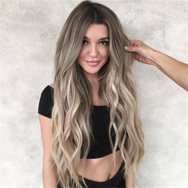 

wig women's long new curly hair big wave gradient chemical fiber headgear, Black