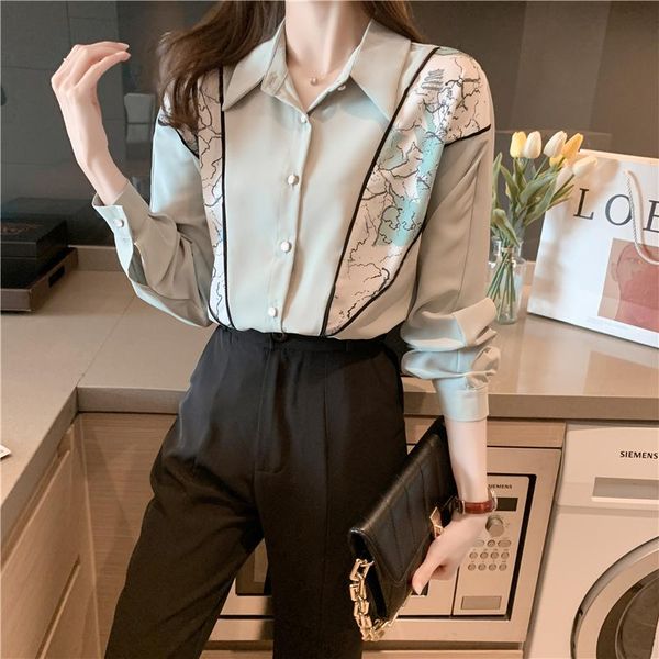 

women's blouses & shirts fashion women printing casual loose chiffon blouse 2021 spring summer long sleeve blusas mujer, White