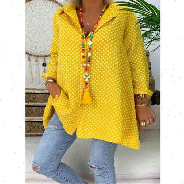 

spring and summer polka dot women shirt print large size collar long sleeve pink yellow green blouse, White