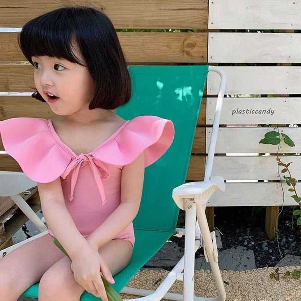 

south korea lotus leaf flying sleeve open back girls' swimsuit, White;black