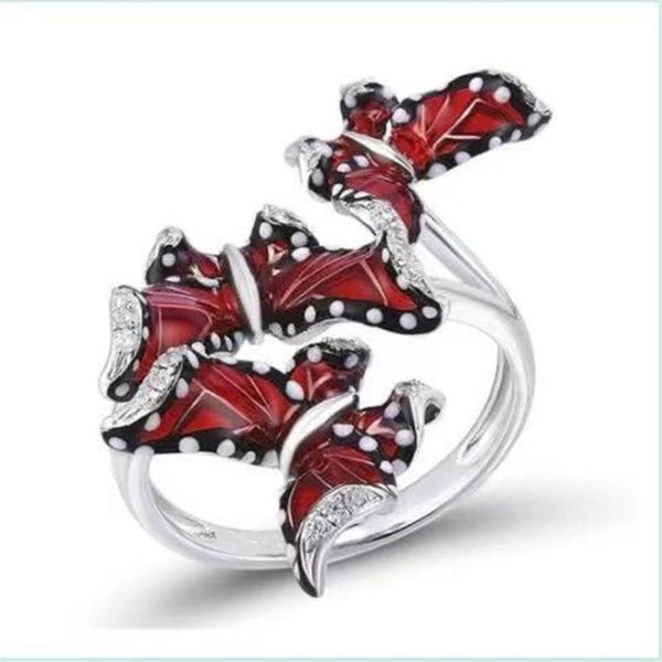 

wedding rings gu li red enamel butterfly inlaid rhinestone creative ring for women engagement jewelry hand accessorie, Slivery;golden