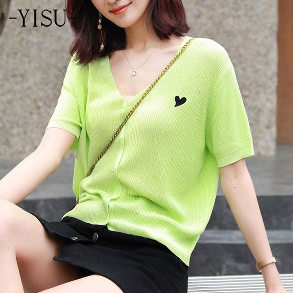 

summer cardigan women v-neck slim love coat solid color short sleeve sweater thin simple knitted coats female women's knits & tees, White