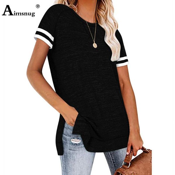 

women's t-shirt aimsnug plus size ladies elegant leisure casual england style 2021 summer patchwork stripe clothes femme, White