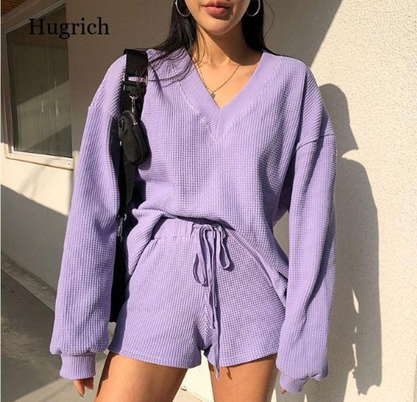 

women's shorts autumn and winter ladies suit korean fashion knitted v-neck lantern sleeve pullover casual two-piece, White;black