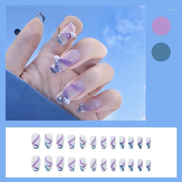 

24pcs ballet blue and purple pearls wear long paragraph fashion manicure patch false nails save time wearable nail1, Red;gold