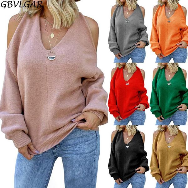 

women's sweaters fashion lantern sleeve solid knit pullover autumn winter v neck off shoulder sweater for women streetwear female cross, White;black