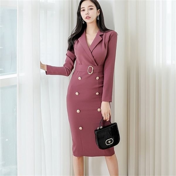 Kore Moda Uzun Kollu Kruvaze Midi Sheer Streetwear Trençkot Casual Kış Elbise Kadın 210603