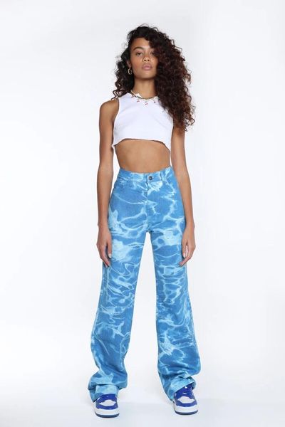 

women's jeans summer women cotton water ripple tie-dye blue straight pants street style casual slim high waist denim wide-leg long