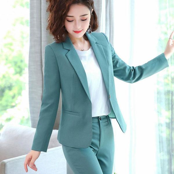 

single buckle women pant suit green&pink long sleeve blazer jacket & 2021 autumn office lady wear professional women's two piece pants, White