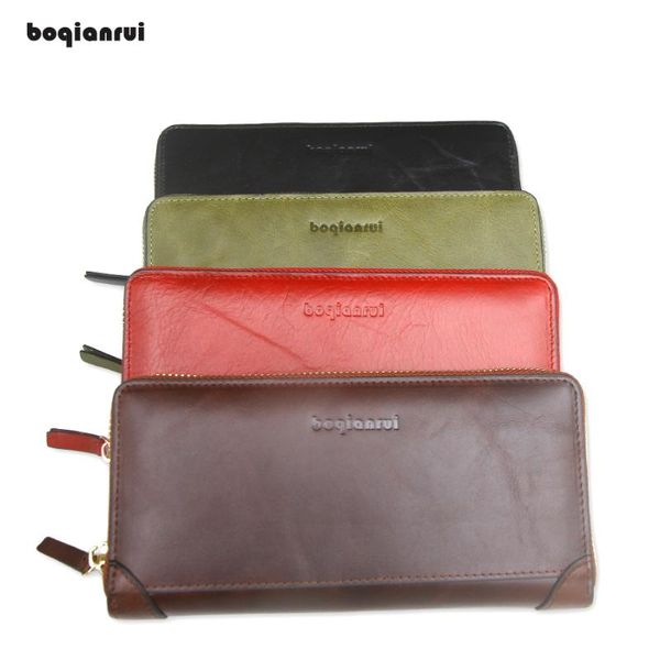 

wallets boqianrui women's purse high-quality genuine leather wallet female long style cowhide capacity clutch card holder pouch, Red;black