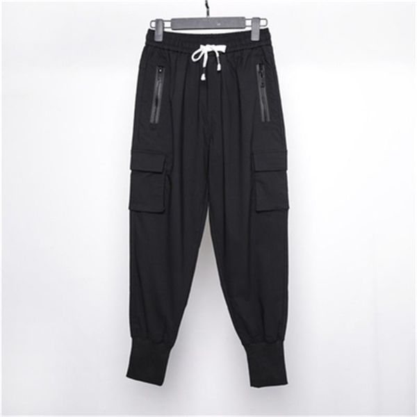 

men's pants spring and autumn pure color contracted multi-pocket design fashion casual nine points sports, Black