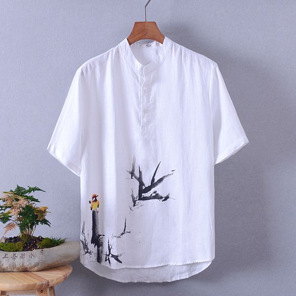 

brand men bird printed long sleeve casual shirt comfortable cotton single breasted stand collar mens blouse, White;black