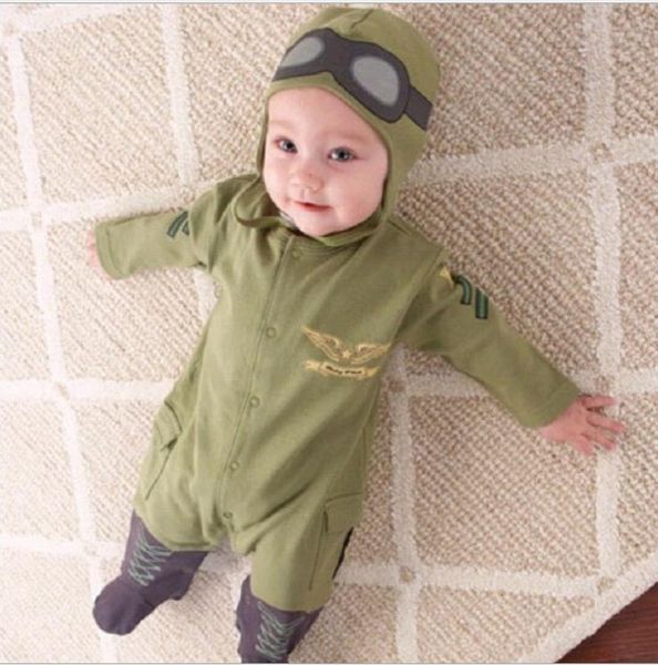 

airman baby rompers + cap boys clothes newborn jumpsuits infant clothing overall bebe roupas pilot costumes green outfits, White
