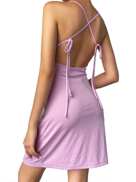 

casual dresses women backless solid color dress summer fashion sleeveless lace-up for ladies, Black;gray