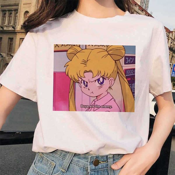 

women sailor moon 90s funny t shirt haesthetic cat anime girl arajuku clothes tshirt cute female t-shirt kawaii women t shirt x0527, White