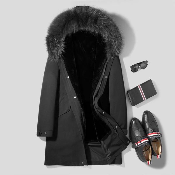 

men's leather & faux real fur coat winter jacket men natural wool liner parka raccoon collar warm jackets chaqueta hombre l18-2511 yy34, Black