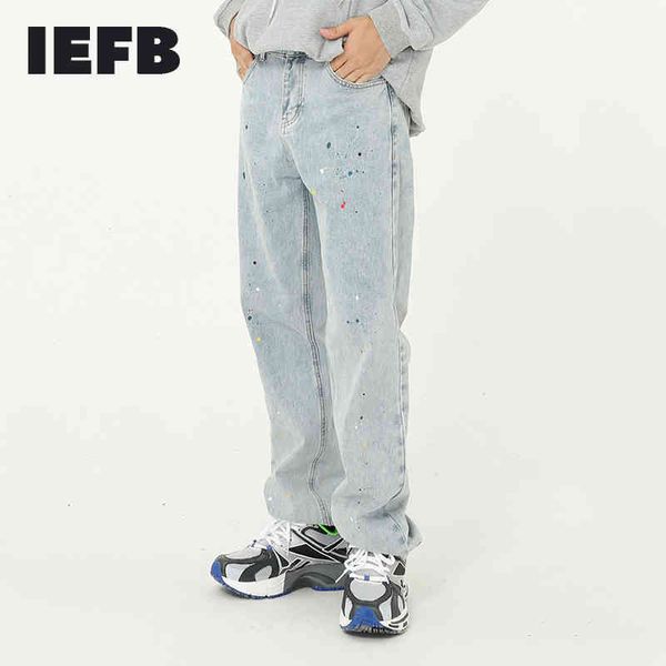 

iefb men's wear product splash paint blue jeans straight loose vintage casual korean fashion denim trousers male 9y4915 210524