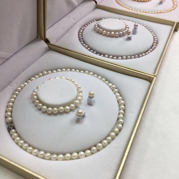 

chains artificial farming real pearl necklace freshwater 7-8mm round beads bracelet three-piece set with certificate, Silver