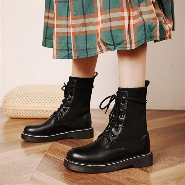 

boots pxelena plus size 34-43 women low heels military army motorcycle pu leather+knitting shoes comfort casual daily, Black