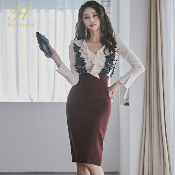 

casual dresses h han queen autumn v-neck ruffles lace patchwork pencil bodycon dress women simple sheath korean chic occupation vestido, Black;gray