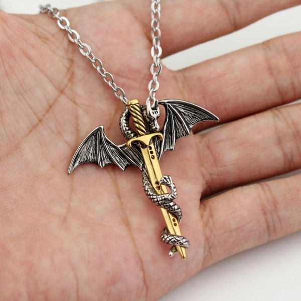 

luminous vintage dragon sword pendant necklace titanium steel jewelry glow in the dark, Silver