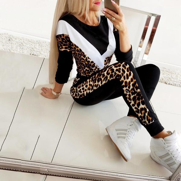 

word leopard patchwork sport casual women's suit o neck lace up elastic waist pencil long pant female sweet pink black set tracksuits, Gray