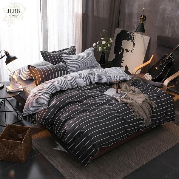 

bedding sets simple stripes set boy students gray duvet cover twin full  king size active printing 3/4pcs fashion bedclothes