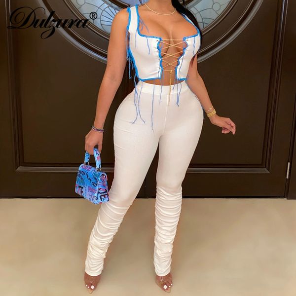 

dulzura ribbed patchwork women two piece set hollow out tanks chain cross high waist stacked pants streetwear tracksuit matching, Black;white