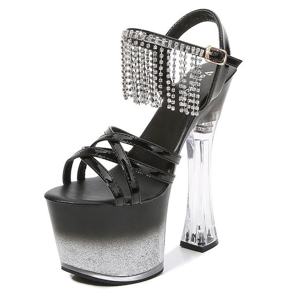 

17.5cm high heels sandals model 2021 women transparent design nightclub ankle buckle pump dress shoes, Black