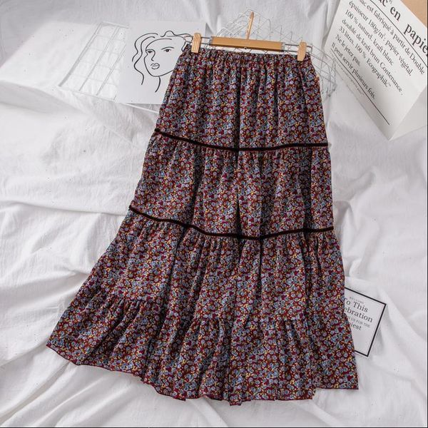 

cake womens skirts layered white dots floral print pleated midi skirt elastic high waist spring summer elegant female bottom, Black