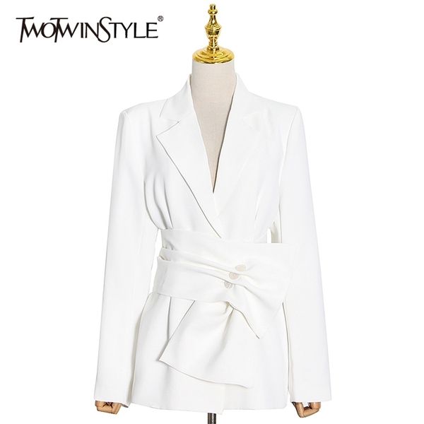 

casual patchwork sashes blazer for women notched long sleeve elegant white blazers female fashion clothing 210524, White;black