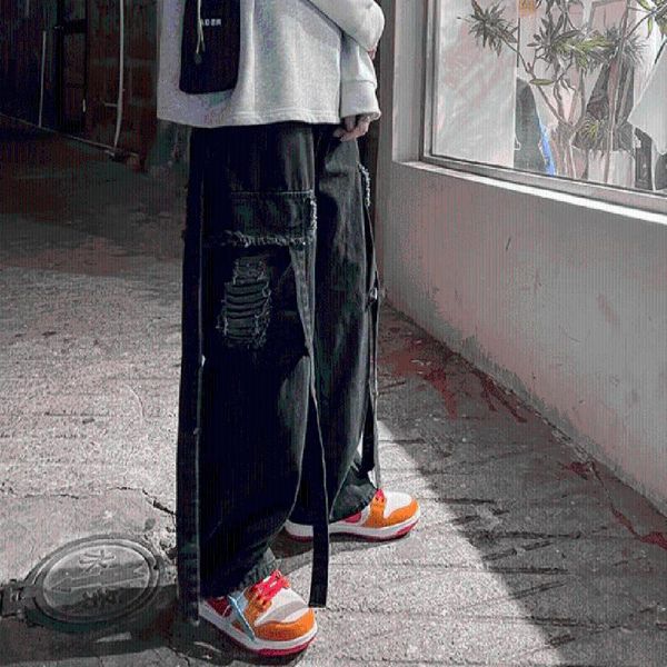 

men's jeans streetwear men fashion patchwork ribbon strap pocket ripped hole loose pant hip hop punk harajuku baggy trousers, Blue