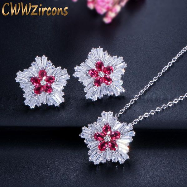 

earrings & necklace cwwzircons sparkling flower shaped red rhinestone crystal earring and pendant sets for fashion women jewelry t079, Silver