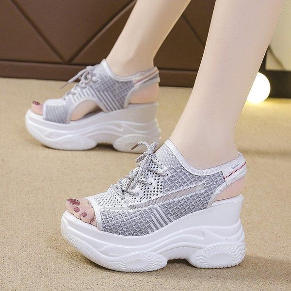 

sandals women platform thick summer 2021 high heel shoes knitting wedges gladiator chunky heels, Black