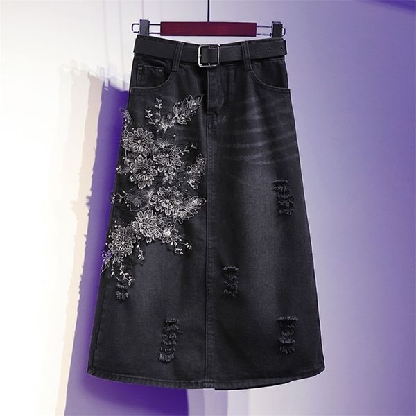 

new arrival spring autumn korea fashion women high waist knee-length denim skirt embroidery floral a-line skirt plus size s826 210319, Black