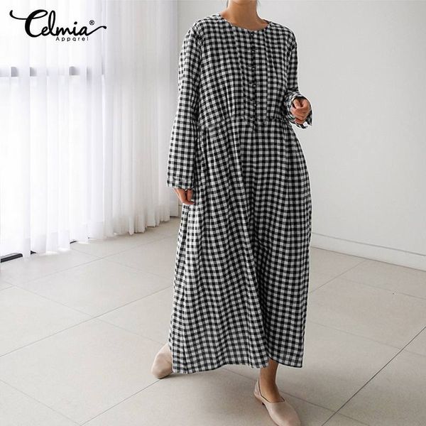 

dresses celmia 2021 autumn vintage plaid shirt dress women sleeve casual checked buttons party robe loose long maxi vestidos 5xl, Black;gray