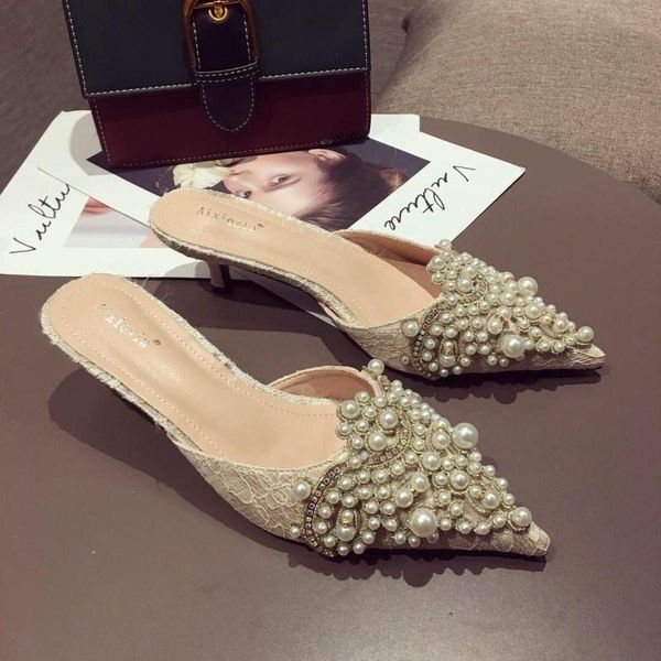 

med string bead pointed toe slippers casual shoes woman 2021 thin heels pantofle glitter slides luxury cover jelly pu, Black