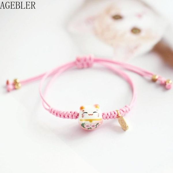 

charm bracelets lovely japanese style ceramic plutus cat lucky jewelry for women girl gift student friendship bangle pink black, Golden;silver
