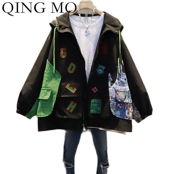 

women's trench coats qing mo autumn fashion printing stitching hooded jacket women 2021 loose large size zipper cardigan female zwl1209, Tan;black