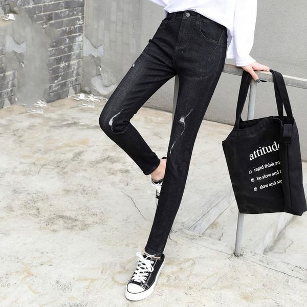 

women's jeans large size holes ripped skinny pants women spring style high waist black pencil 170-185cm tall casual trousers, Blue