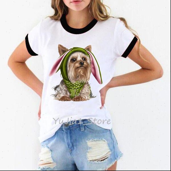 

women tshirt cute puppy yorkies print t shirt tee femme harajuku kawaii clothes summer dog lover streetwear, White