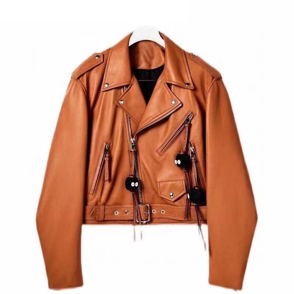 

women's leather & faux women coat spring and autumn 2021 fashion short length genuine jacket locomotive model style zipper accessories, Black