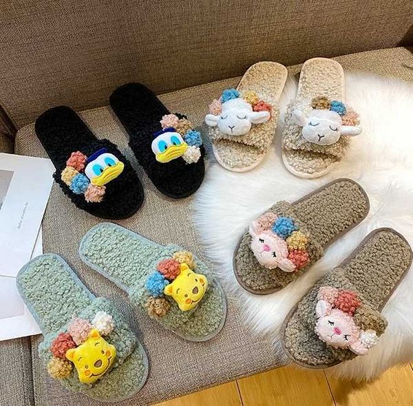 

kawaii fluffy women winter home slippers ladies warm plush indoor house soft casual shoes, Black