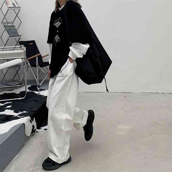 

korean style white wide leg pants women oversize hip hop streetwear loose trousers for female high waist kpop fashion, Black;white