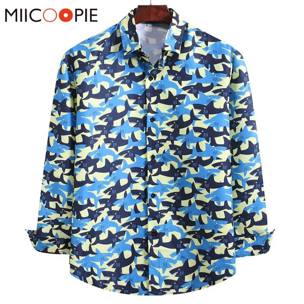 

funny shark printed shirt men korean fashion long sleeve social prom party shirts streetwear mens designer slim fit dress kg-16, White;black