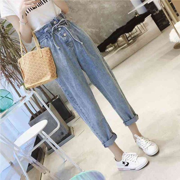 

womens loose high waist slimming jeans korean lace-up straight ankle-length trendy denim pants, Blue