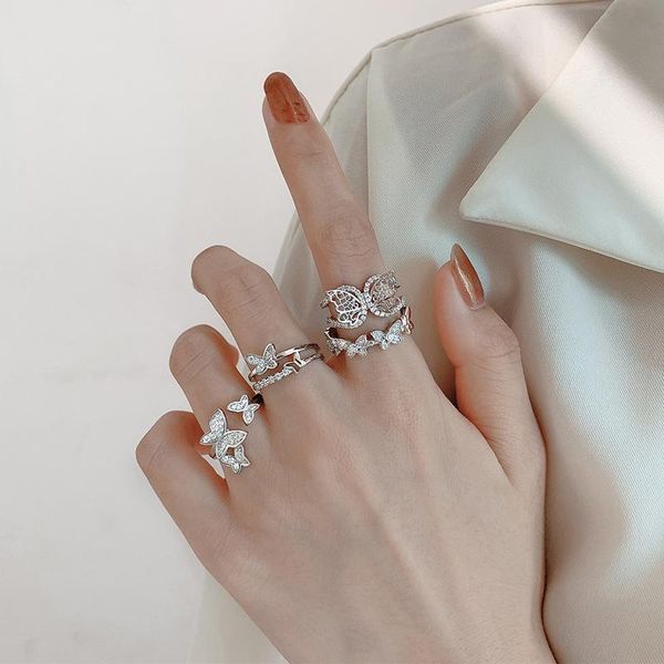 

cluster rings s925 sterling silver ring for women adjustable butterfly fashion student personality accessories jewelry wholesale, Golden;silver