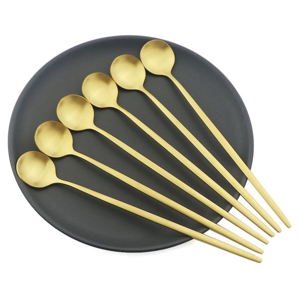 6 pcs Gold Long Handle Colher Set Matte Aço Inoxidável Cutelaria Definido Sorvete Bebida De Agitação De Sorvete Sorvete Sobremesa Tea Colher Dinnerware 210317