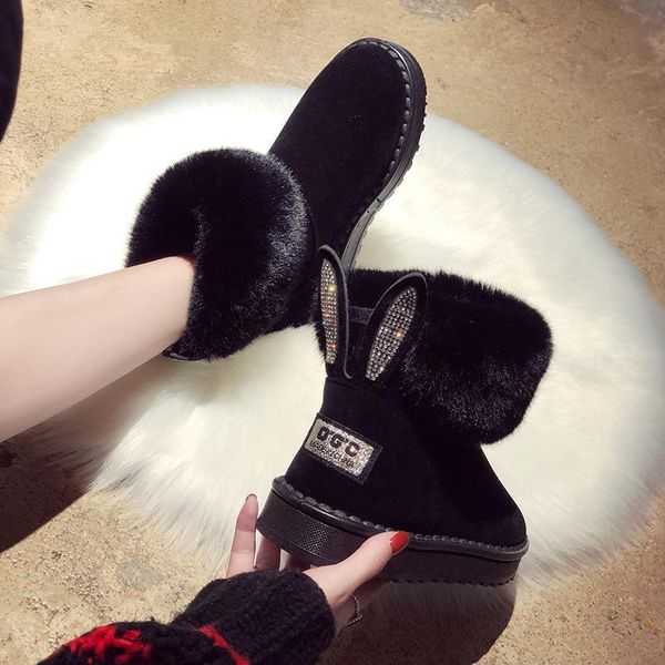 

boots ankle for women genuine leather real fur brand winter shoes warm black round toe casual female snow