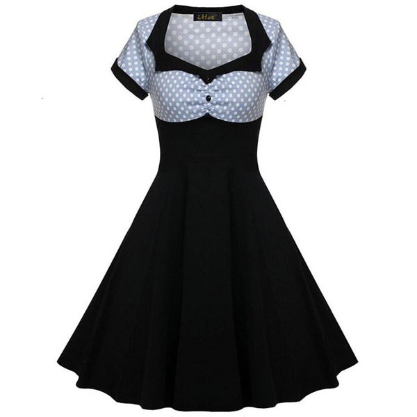 

summer casual dresses spring temperament women's square collar short sleeve hepburn style swing dress, Black;gray